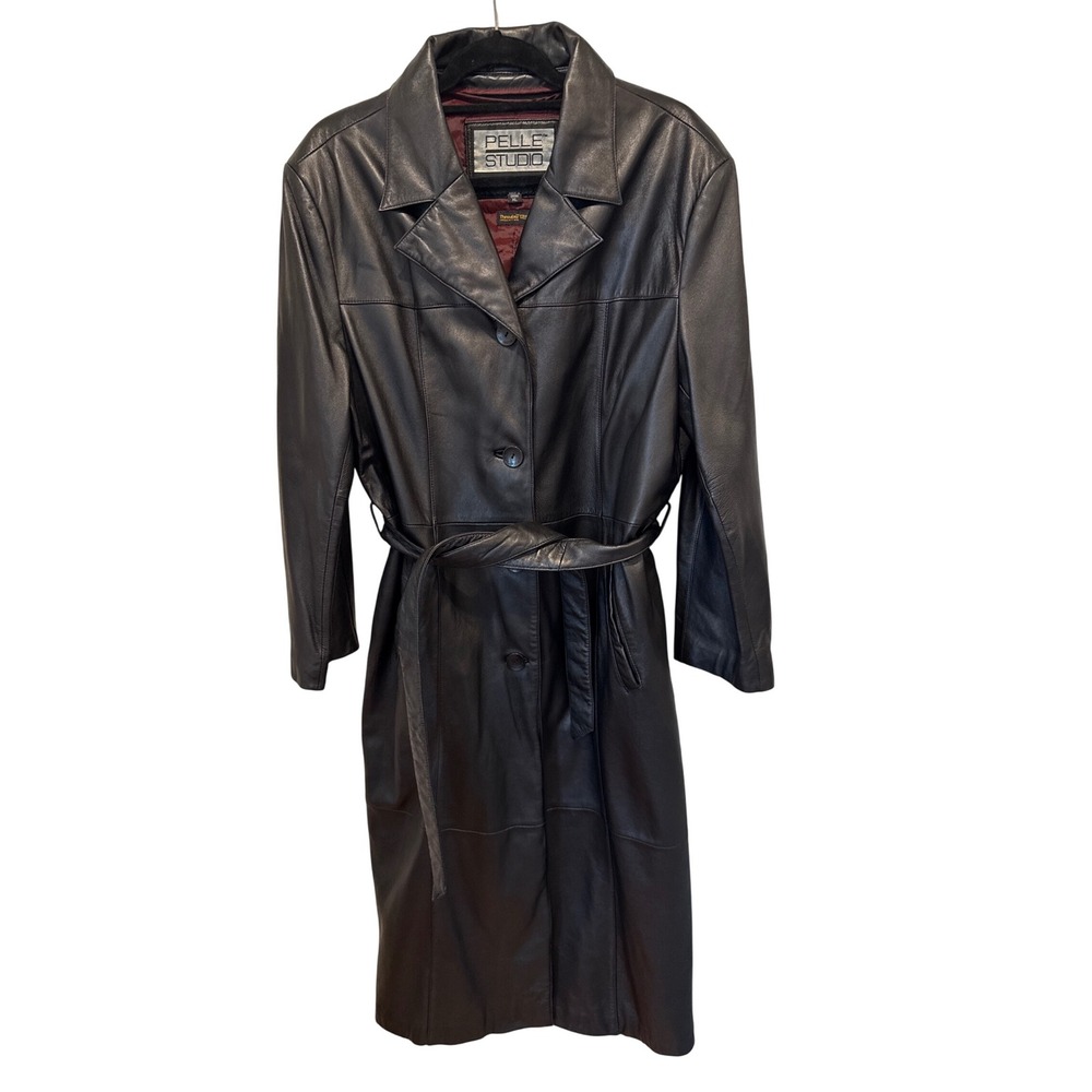 Pelle Studio Womens Black Leather Trench‎ Coat Belted Thinsulate Insulation XL